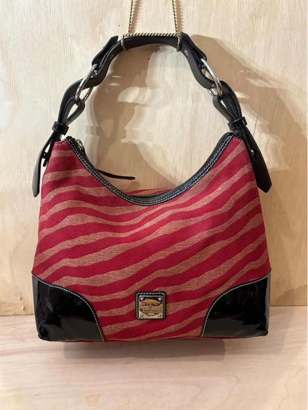 Dooney & Bourke Red "Nikki" Zebra Print Canvas Hobo Bag Black Patent Leather